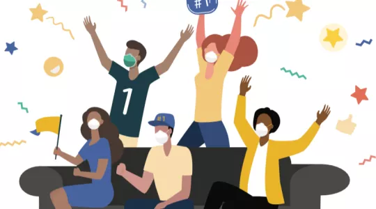 Graphic of people at a super bowl watch party with masks on.