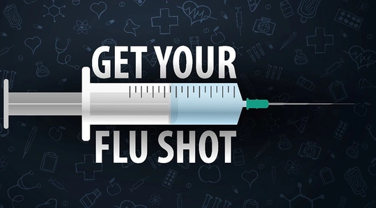 A graphic image showing a large hypodermic needle filled with fluid. Around it are the words: GET YOUR FLU SHOT.