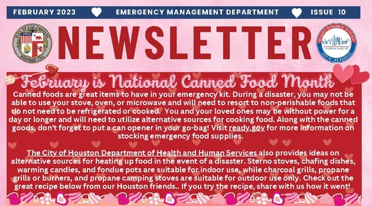 Banner of the February 2023 Emergency Management Department monthly newsletter, saying "February is National Canned Food Month" and linking to a full PDF copy of the issue.