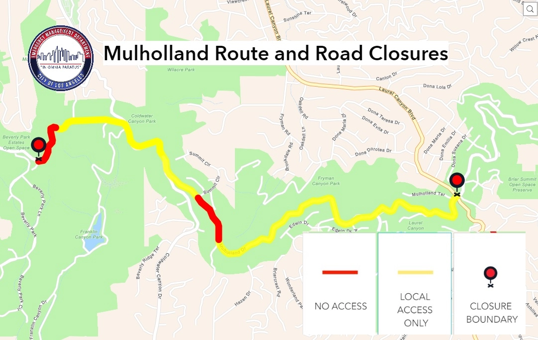 Adjusted closure map of Mulhiolland Drive from Jan. 24 shows more loc-access available to residents west of Laurel Canyon.