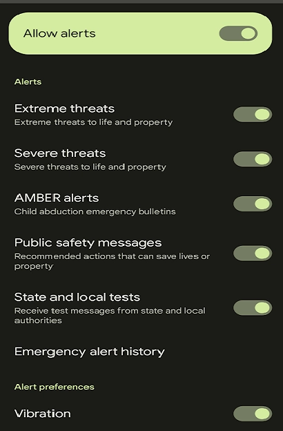 A cellphone setup screen showing various emergency alert settings, allowing the user to choose to receive (or block) public safety, severe alerts, tests, etc, to come through to the user. the button marked "anyone" has been selected.