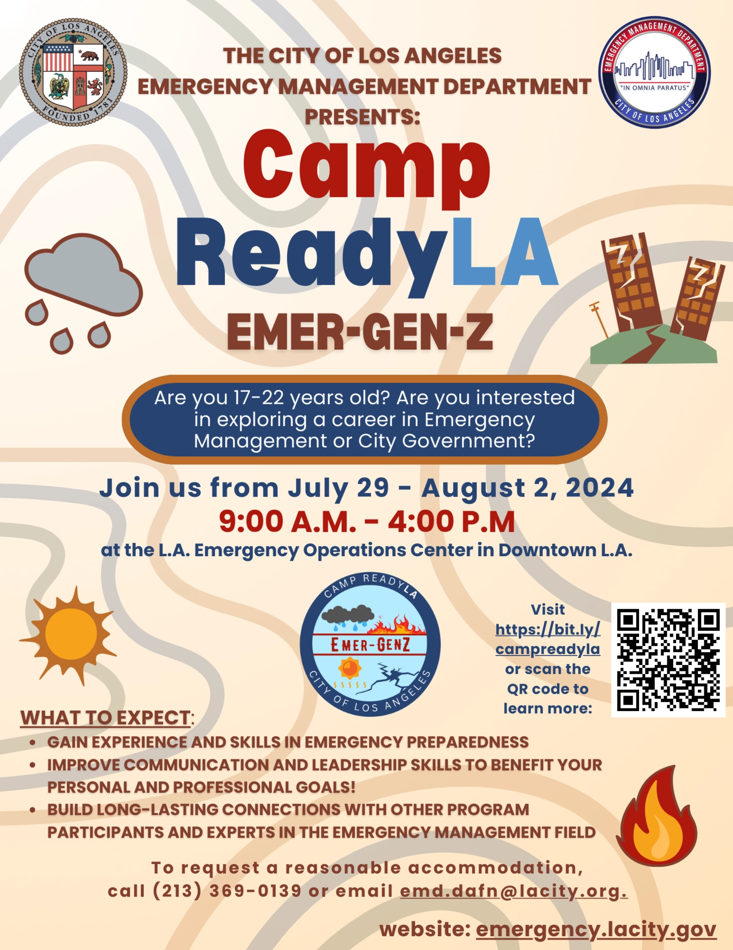 Flyer for CampReadyLA Emergen-Z for individuals ages 17-22 taking place from July 29- August 2 at the Downtown LA EOC.