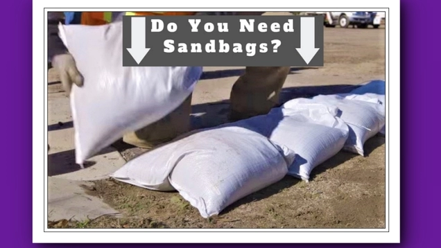 Photo of a worker placing sandbags on the ground. the text above asks: "Do You Need Sandbags?"