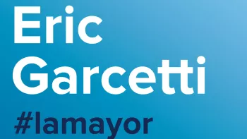 Blue and white logo of LA Mayor Eric Garcetti
