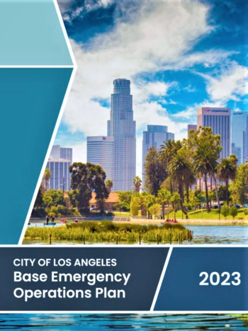 Cover of the City Base Emergency Operation Plan 2023. A photo of the LA skyline is shown on a sunny day. The title is in boxes in shades of blue at the bottom