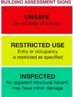 Legend that lists Red means a building is unsafe, Yellow means a building is restricted use, and green means a building was inspected